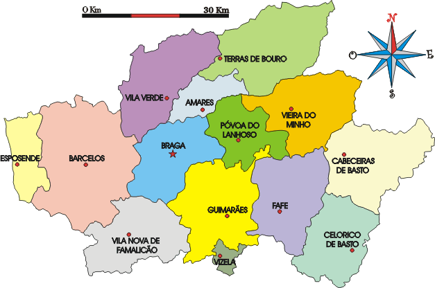 Mapa administrativo do distrito de Braga
