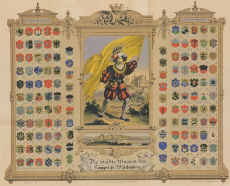 A poster from 1877 showing the arms of cities in Württemberg
