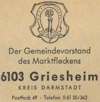 Wappen von Griesheim/Arms (crest) of GriesheimMunicipal stationery, 1960s