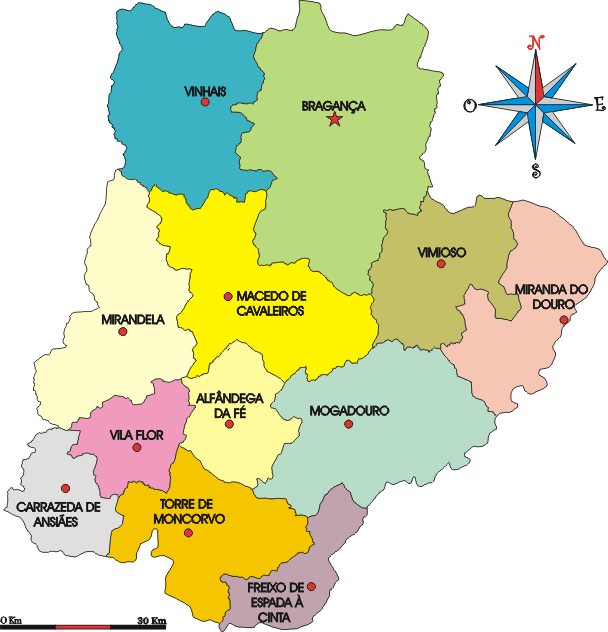 Mapa administrativo do distrito de Bragana